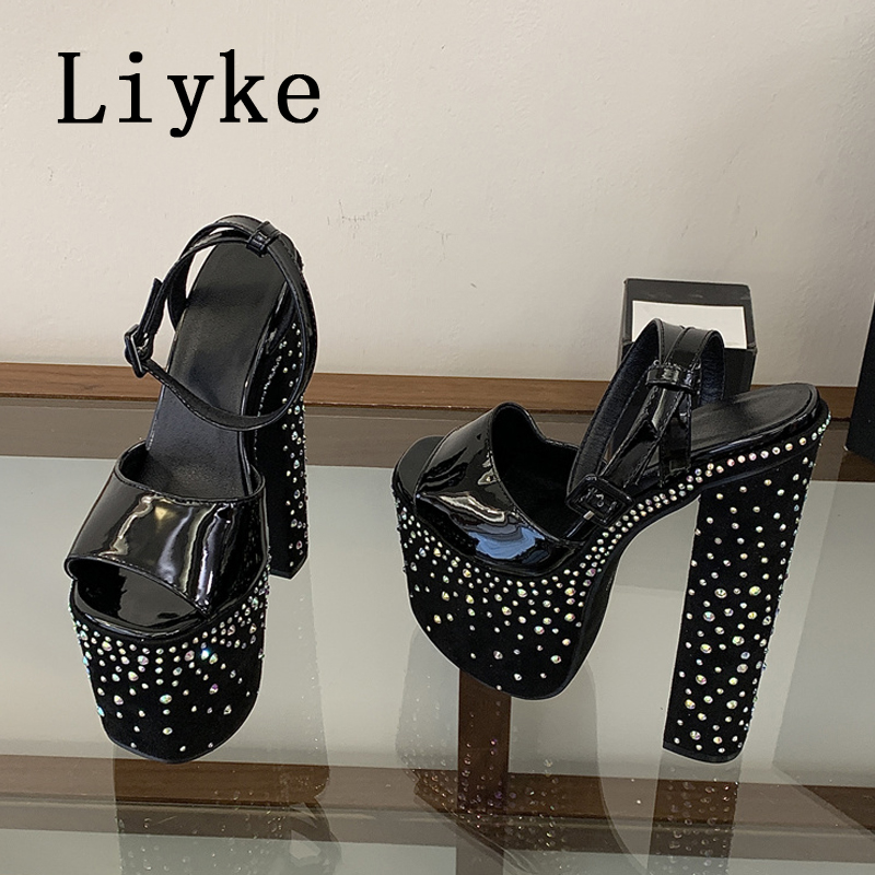 Rhinestone Sandal Women - Liyke Fashion Crystal Rhinestone Thick High