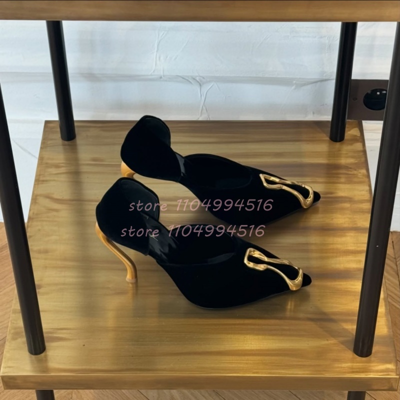 Women Shoes Black - Metal Decor Black Suede Cover Heel