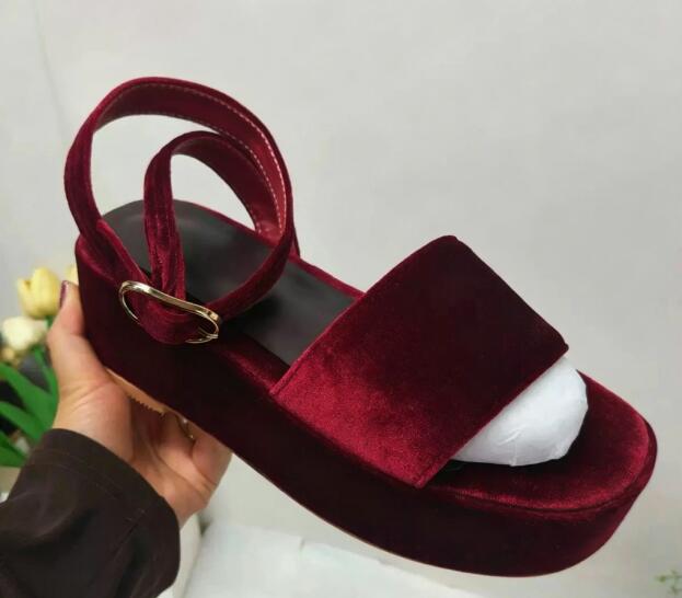 Wedge Heeled Sneaker - Burgundy Velvet Round Open Toe Thick