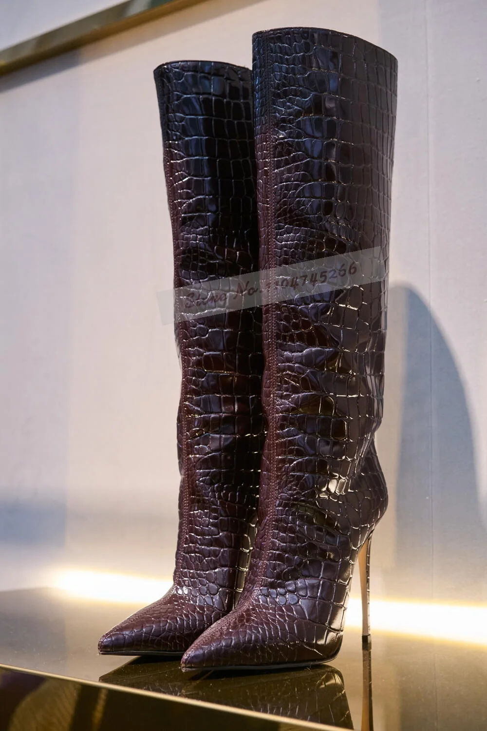 Women'S Shoes Burgundy - Burgundy Crocodile Thin High Heel Knee